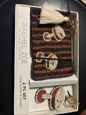 Rachel Zoe Espresso Beaded Coin Purse & Charm Set in Black, Brown, Cream